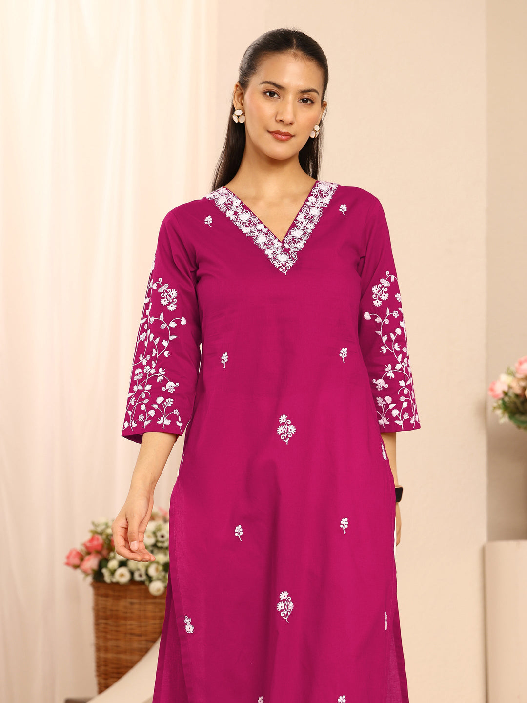 Pink Floral Embroidered Cotton Straight Kurta