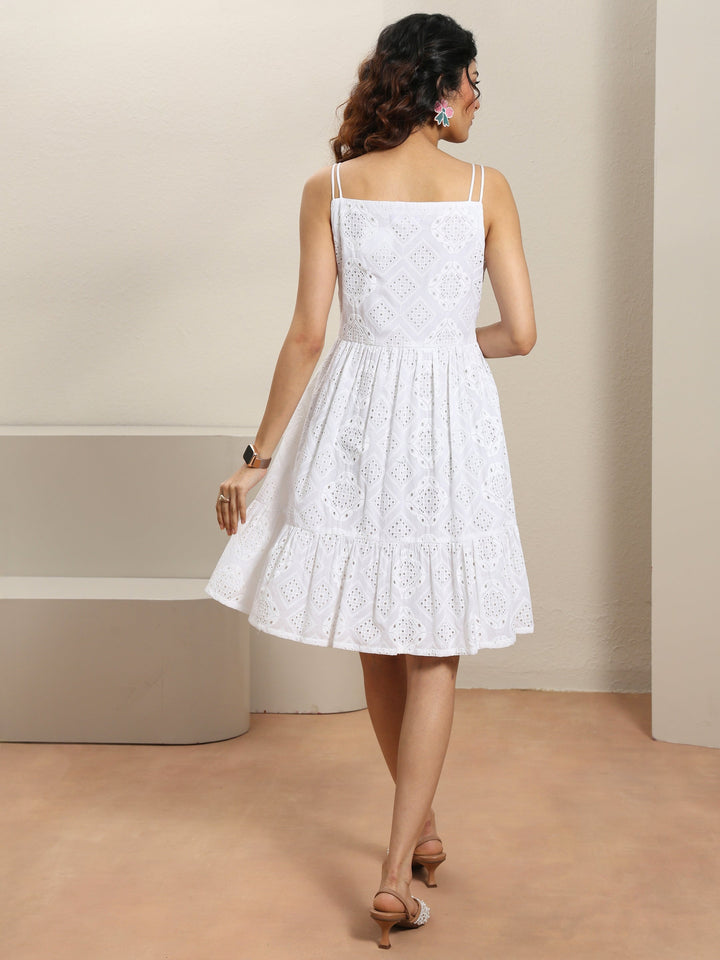 White Schiffli Cotton Fit-And-Flare One-Piece Dress