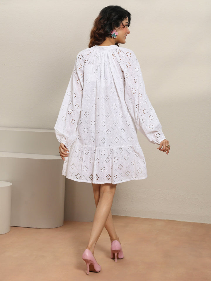 White Schiffli Cotton A-Line One-Piece Dress