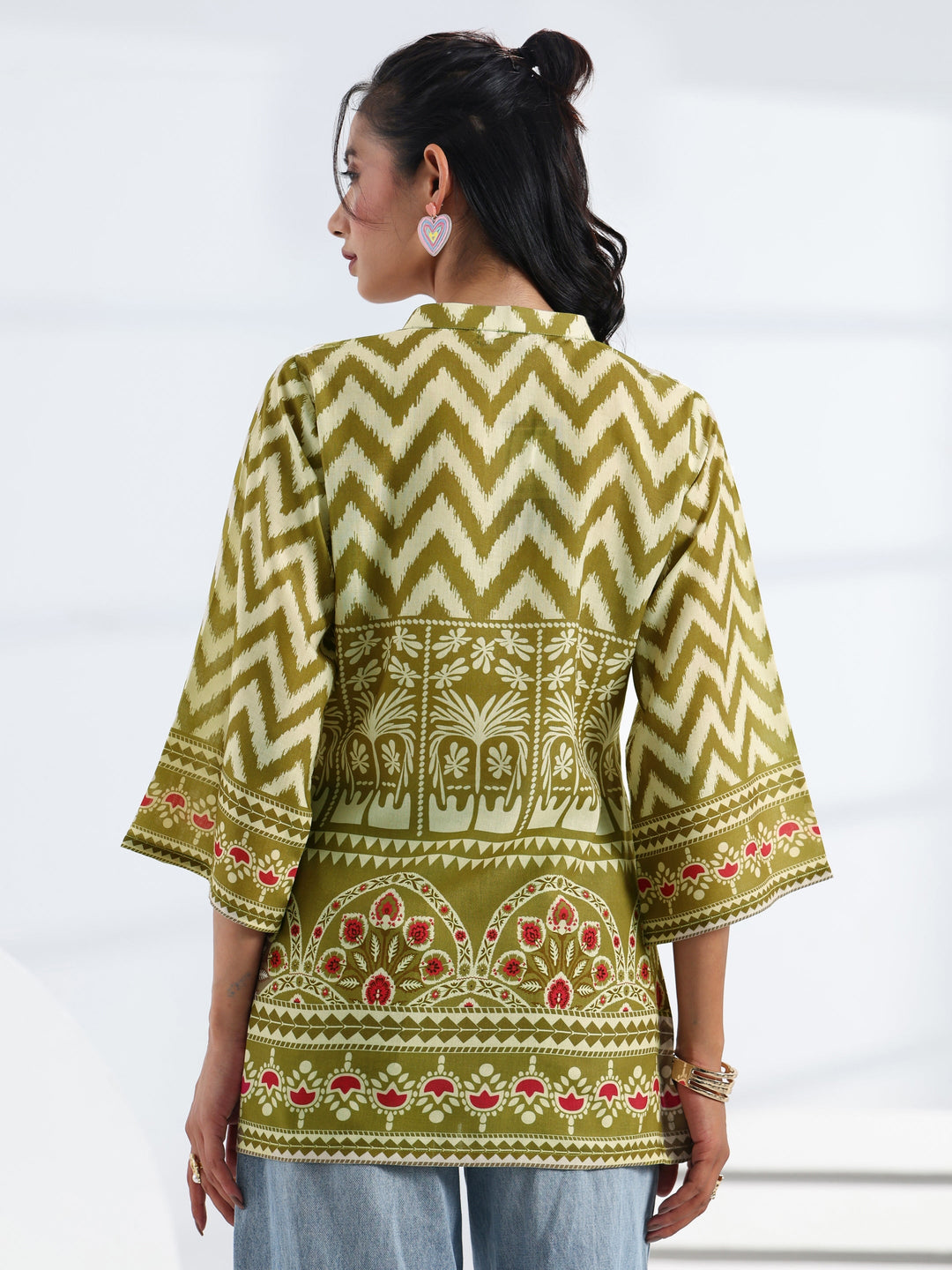 Green Ethnic Printed Cotton Blend Straight Short Kurti