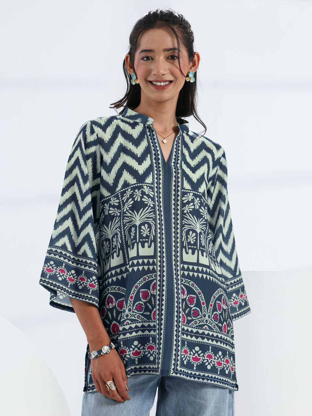 Navy Blue Ethnic Printed Cotton Blend Straight Short Kurti