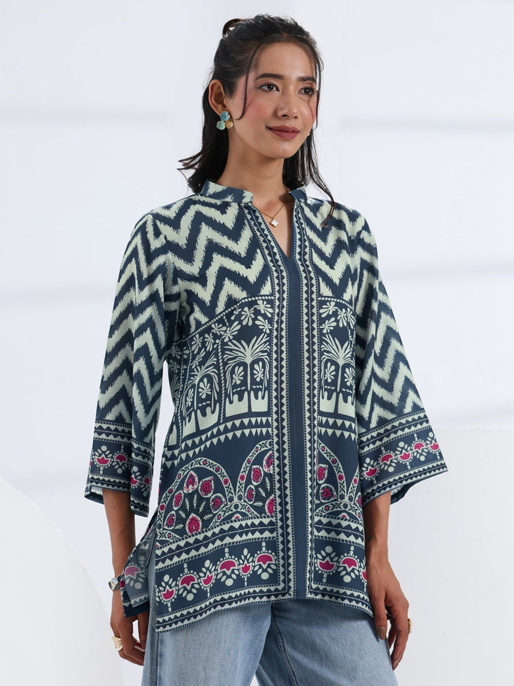 Navy Blue Ethnic Printed Cotton Blend Straight Short Kurti