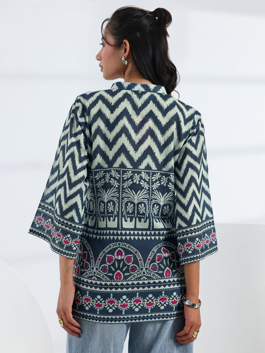 Navy Blue Ethnic Printed Cotton Blend Straight Short Kurti