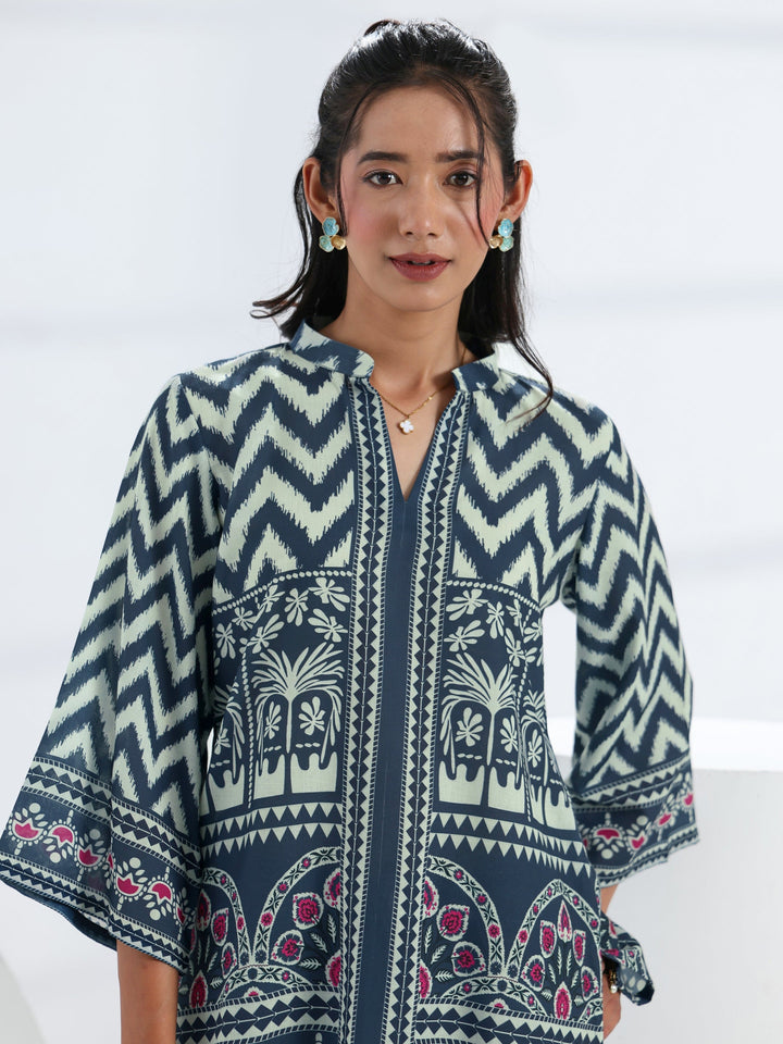 Navy Blue Ethnic Printed Cotton Blend Straight Short Kurti