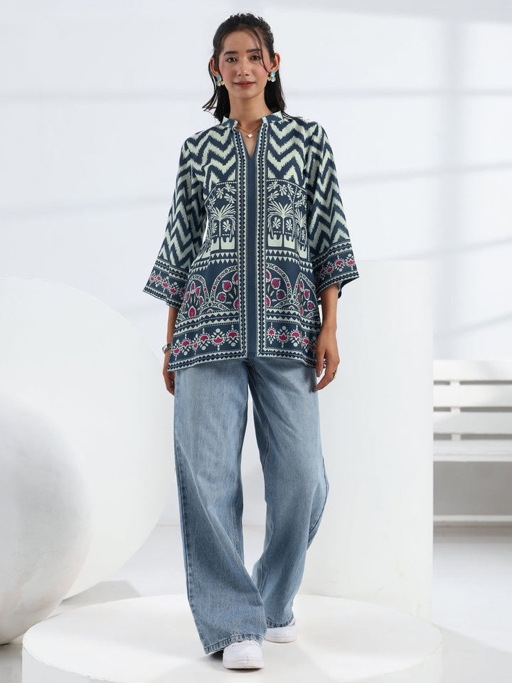 Navy Blue Ethnic Printed Cotton Blend Straight Short Kurti