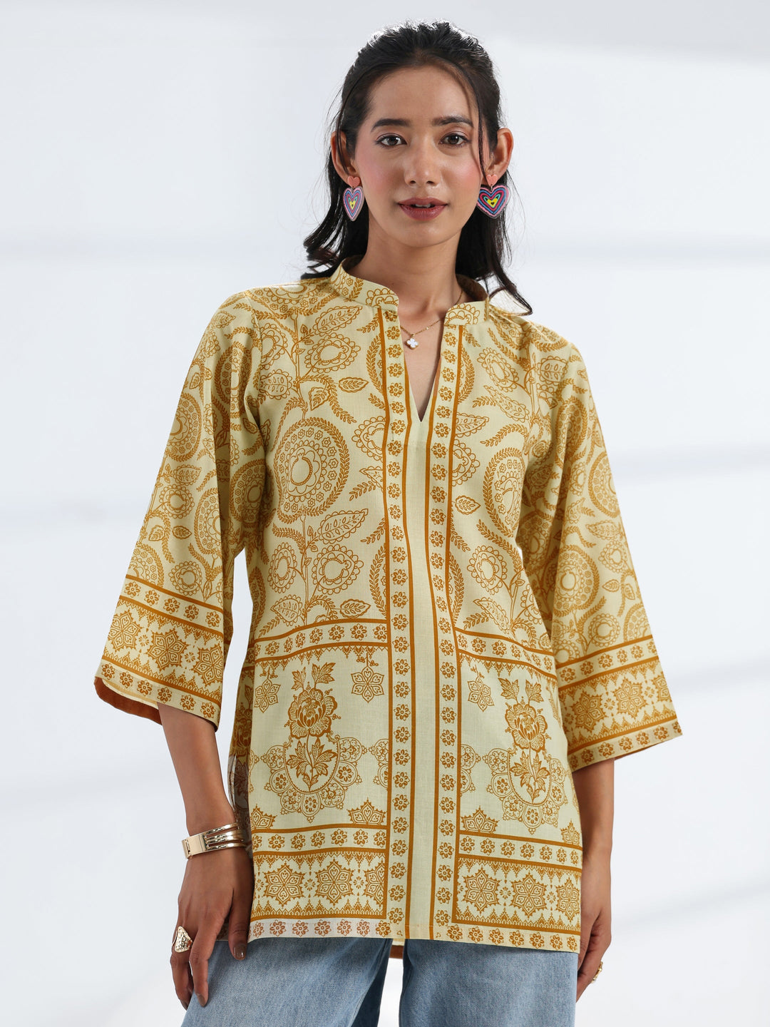 Yellow Ethnic Printed Cotton Blend Straight Short Kurti