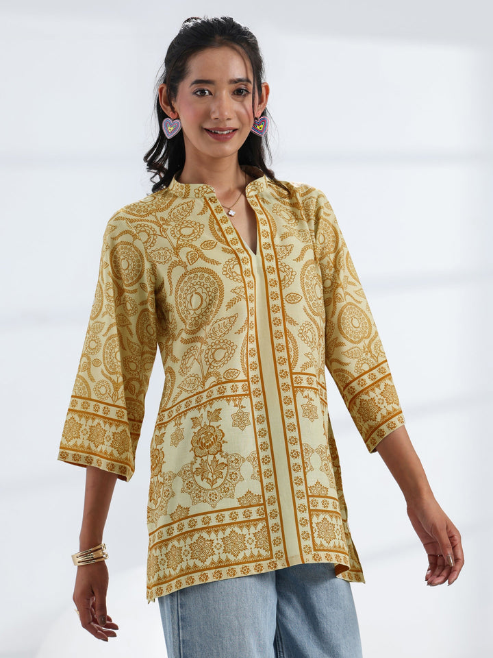 Yellow Ethnic Printed Cotton Blend Straight Short Kurti