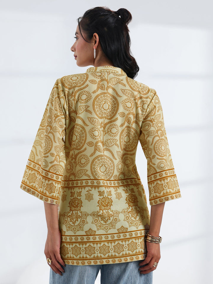 Yellow Ethnic Printed Cotton Blend Straight Short Kurti