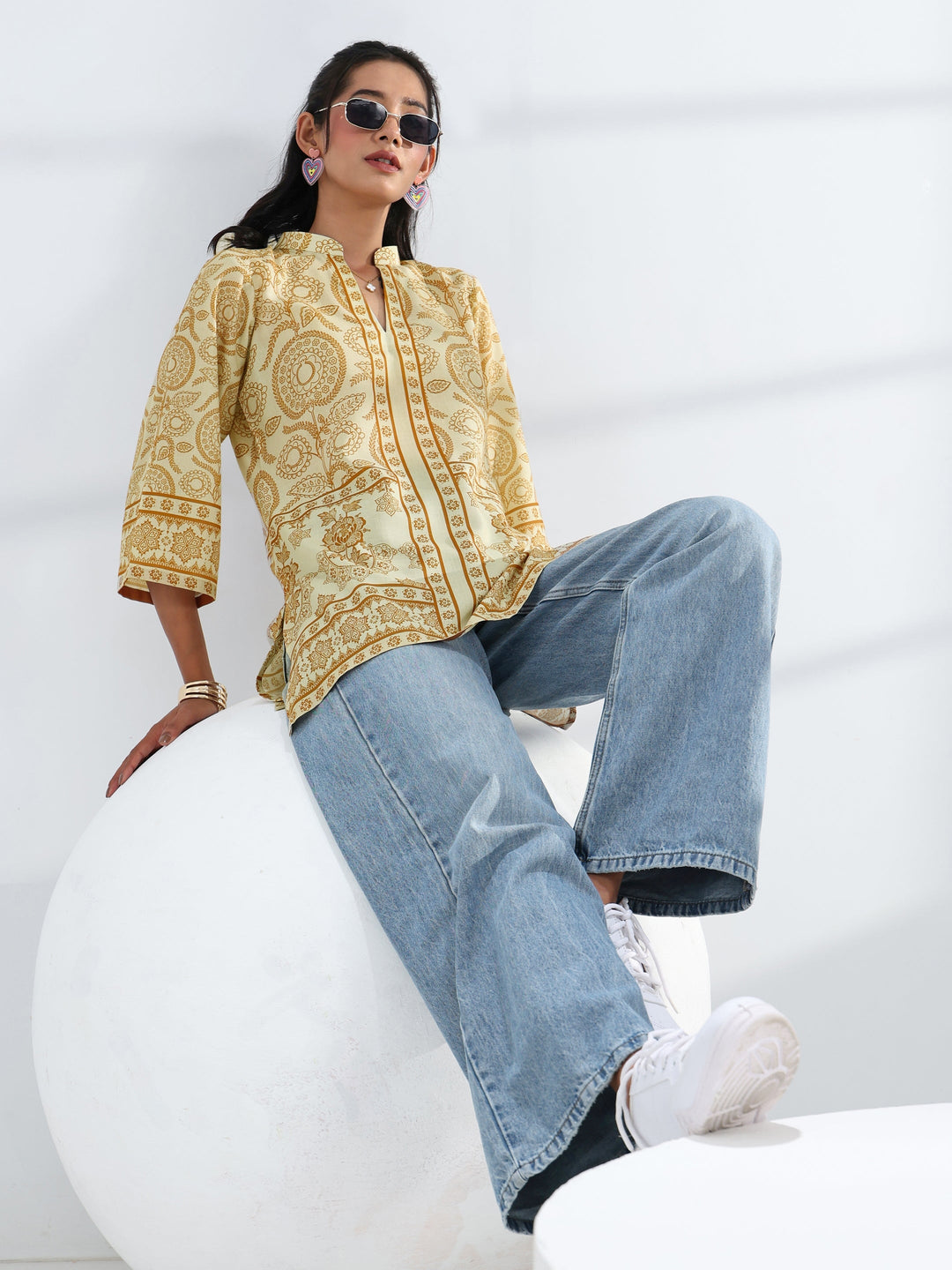 Yellow Ethnic Printed Cotton Blend Straight Short Kurti