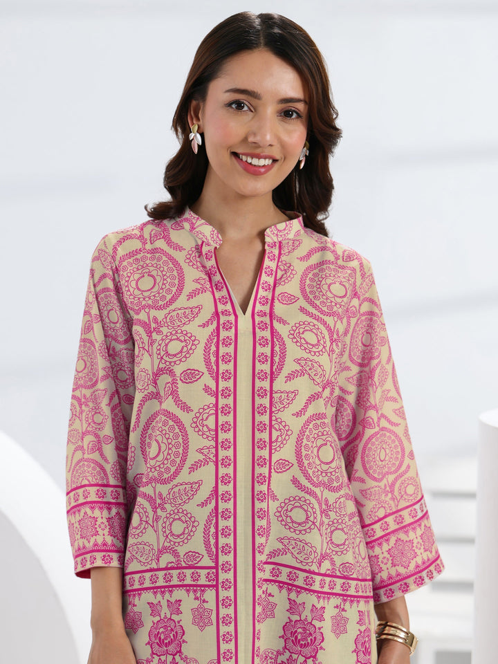 Pink Ethnic Motif Printed Cotton Blend Straight Short Kurti