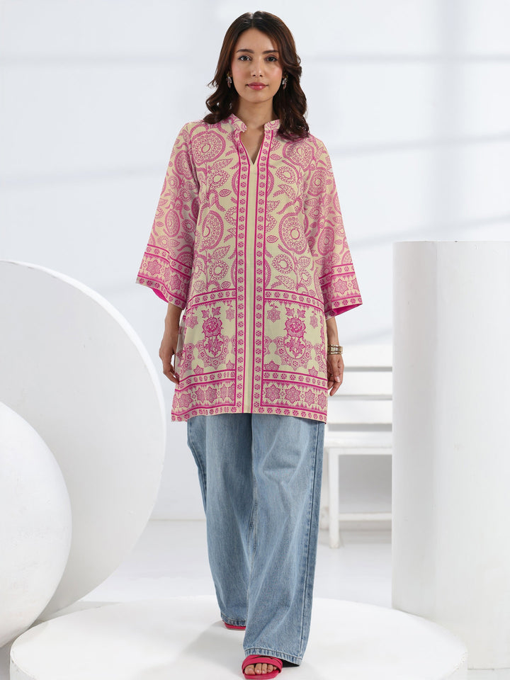 Pink Ethnic Motif Printed Cotton Blend Straight Short Kurti