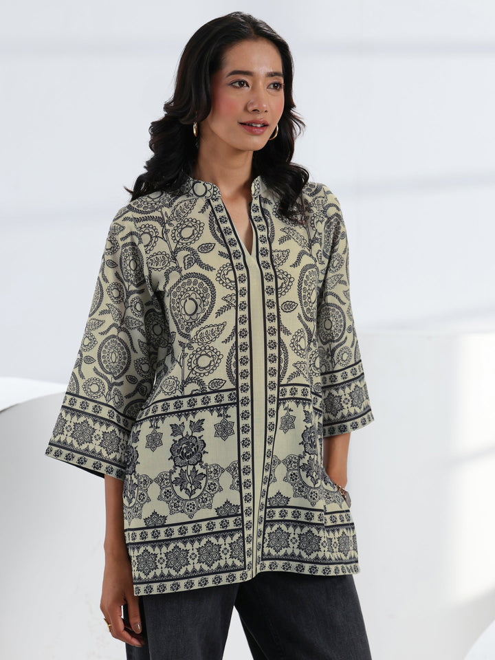 Off White Ethnic Printed Cotton Blend Straight Short Kurti