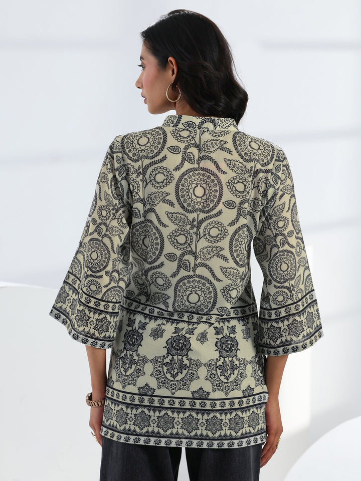 Off White Ethnic Printed Cotton Blend Straight Short Kurti