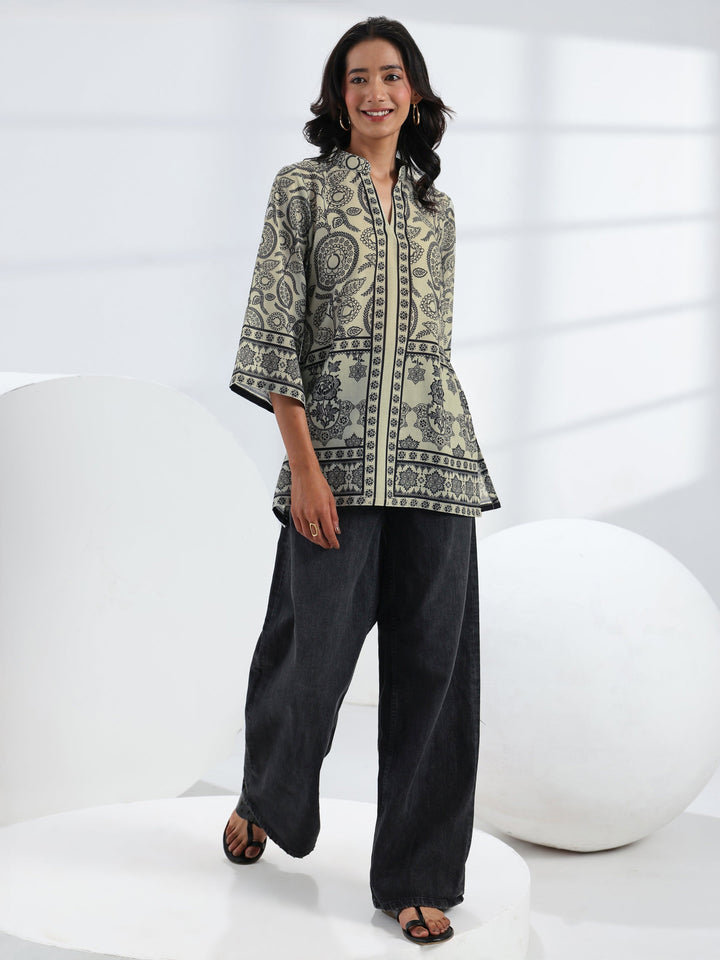Off White Ethnic Printed Cotton Blend Straight Short Kurti