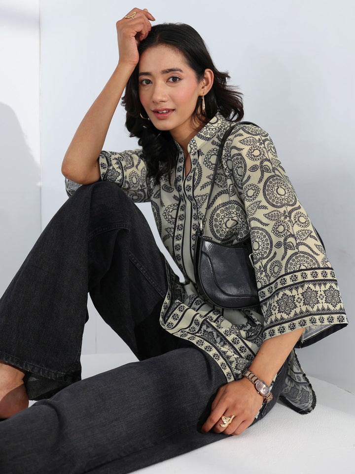 Off White Ethnic Printed Cotton Blend Straight Short Kurti