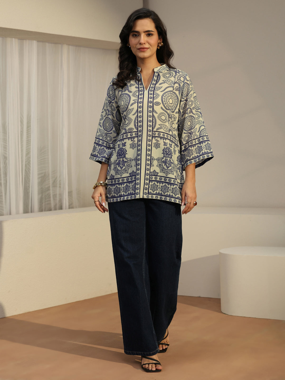 Libas Off White Floral Printed Cotton Blend Short Kurti