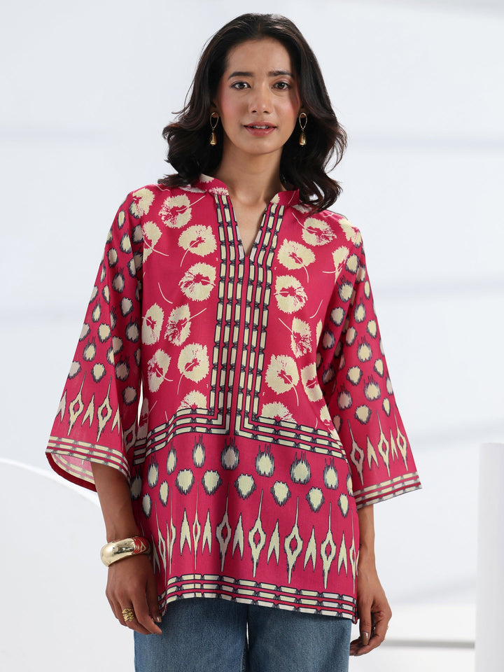 Pink Abstract Printed Cotton Blend Straight Short Kurti