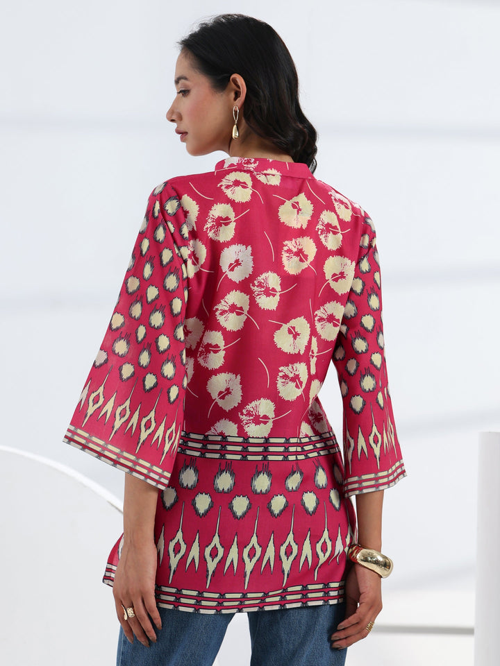 Pink Abstract Printed Cotton Blend Straight Short Kurti
