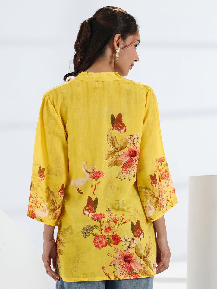 Yellow Floral Printed Cotton Blend Straight Short Kurti