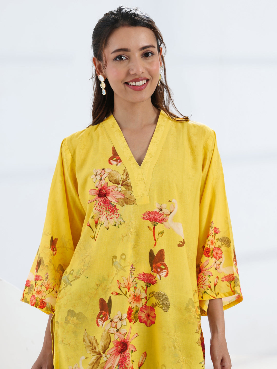 Yellow Floral Printed Cotton Blend Straight Short Kurti