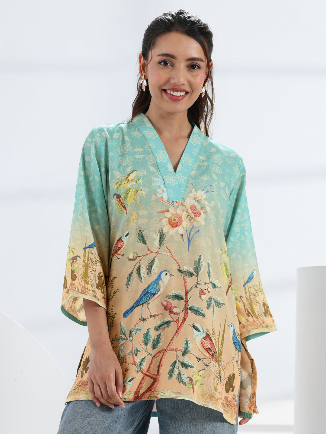 Blue Tropical Printed Cotton Blend Straight Short Kurti