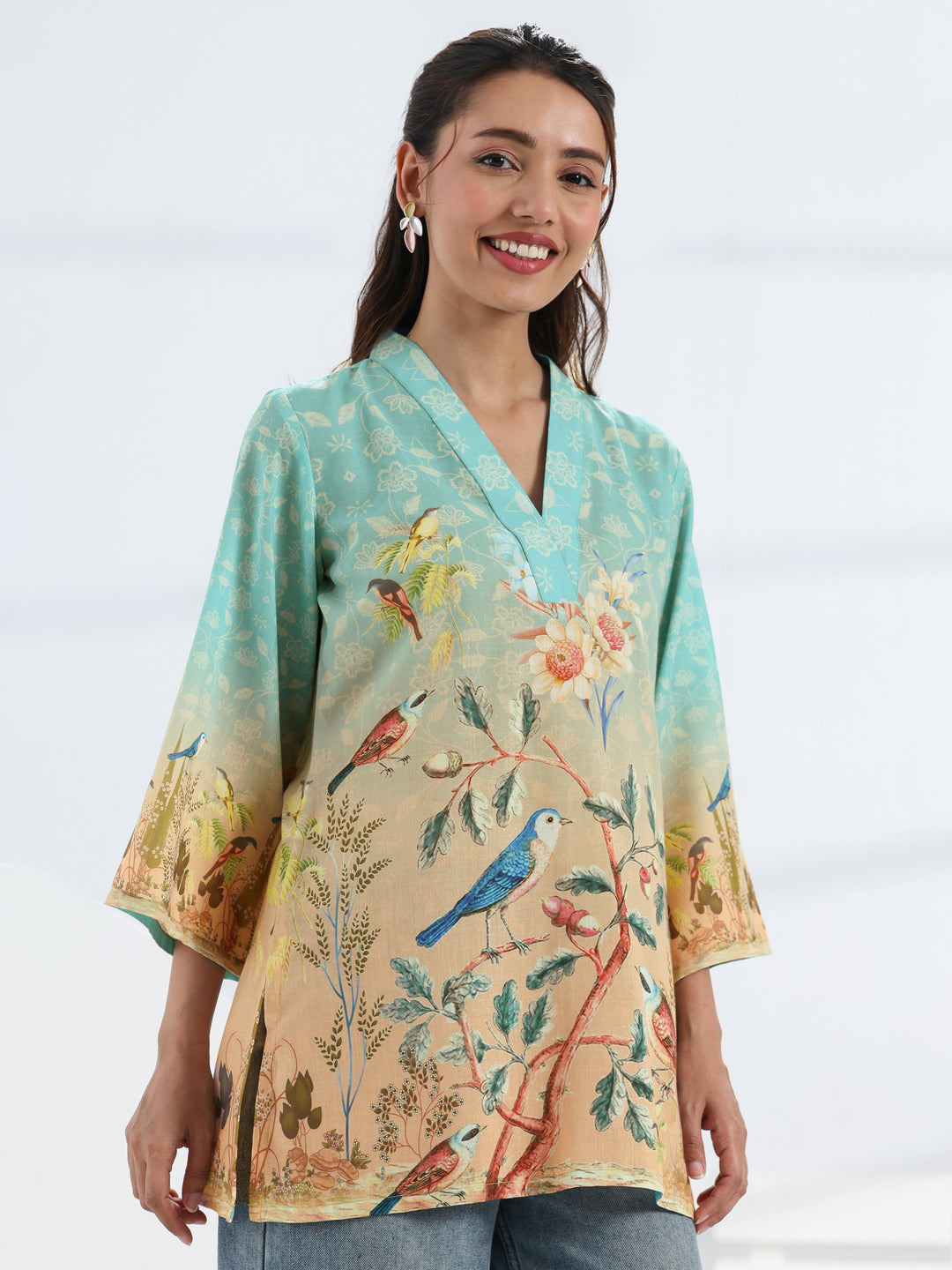 Blue Tropical Printed Cotton Blend Straight Short Kurti