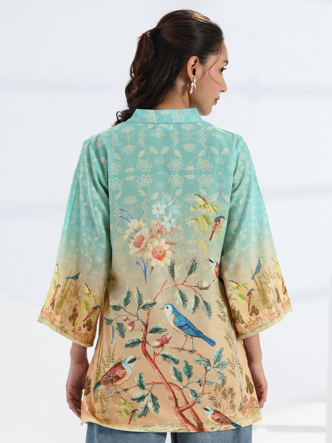 Blue Tropical Printed Cotton Blend Straight Short Kurti