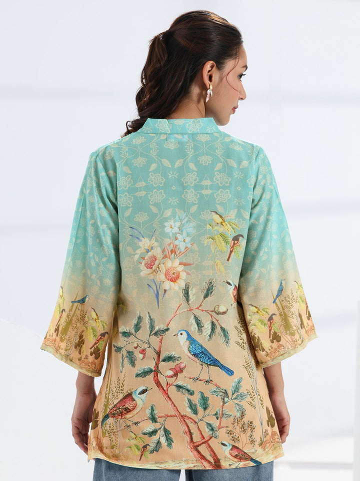Blue Tropical Printed Cotton Blend Straight Short Kurti