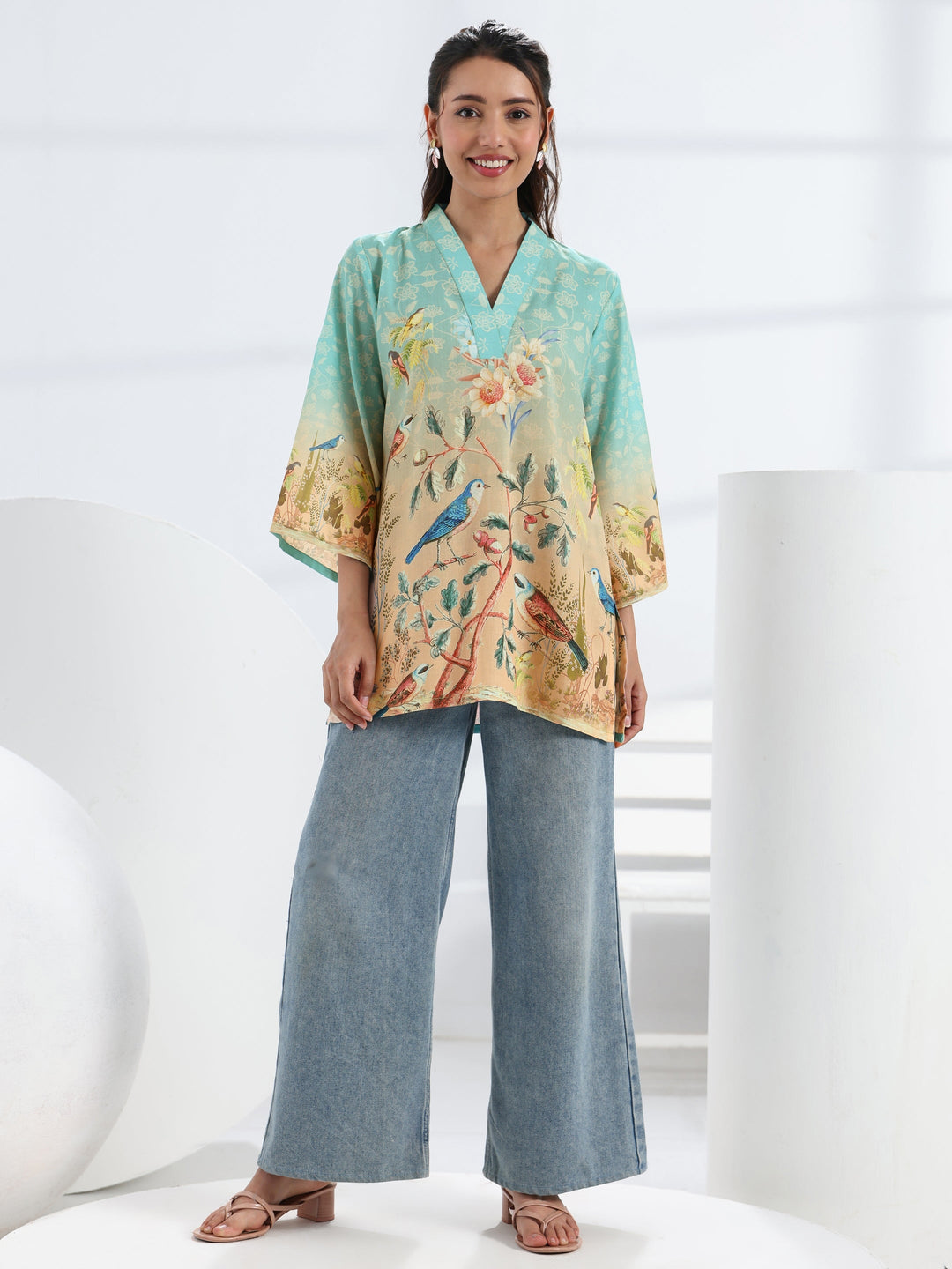 Blue Tropical Printed Cotton Blend Straight Short Kurti
