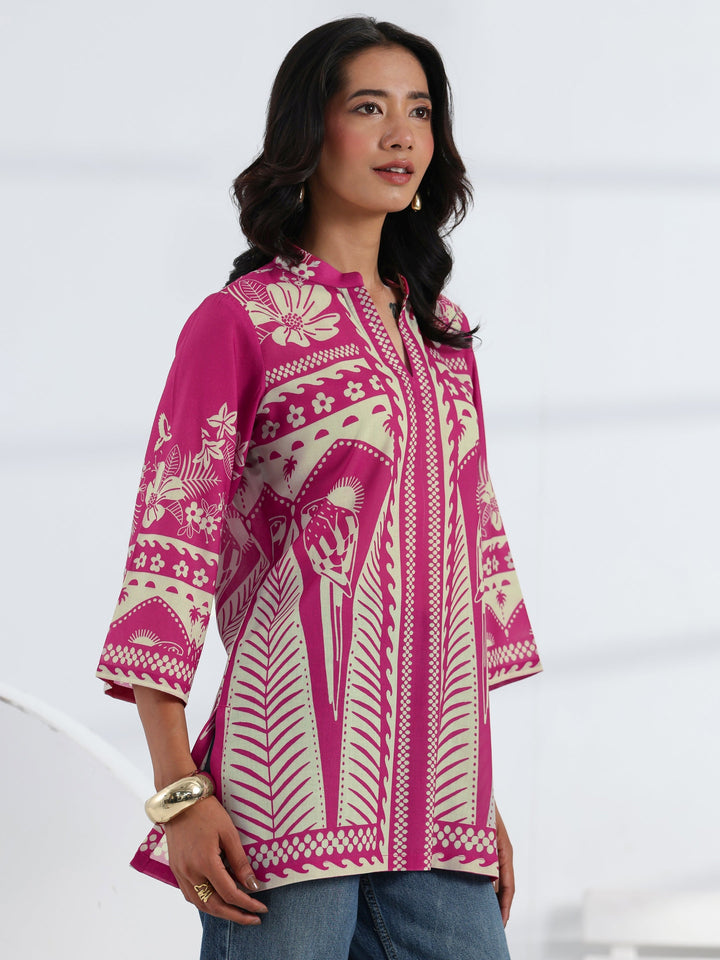 Pink Tropical Printed Cotton Blend Straight Short Kurti