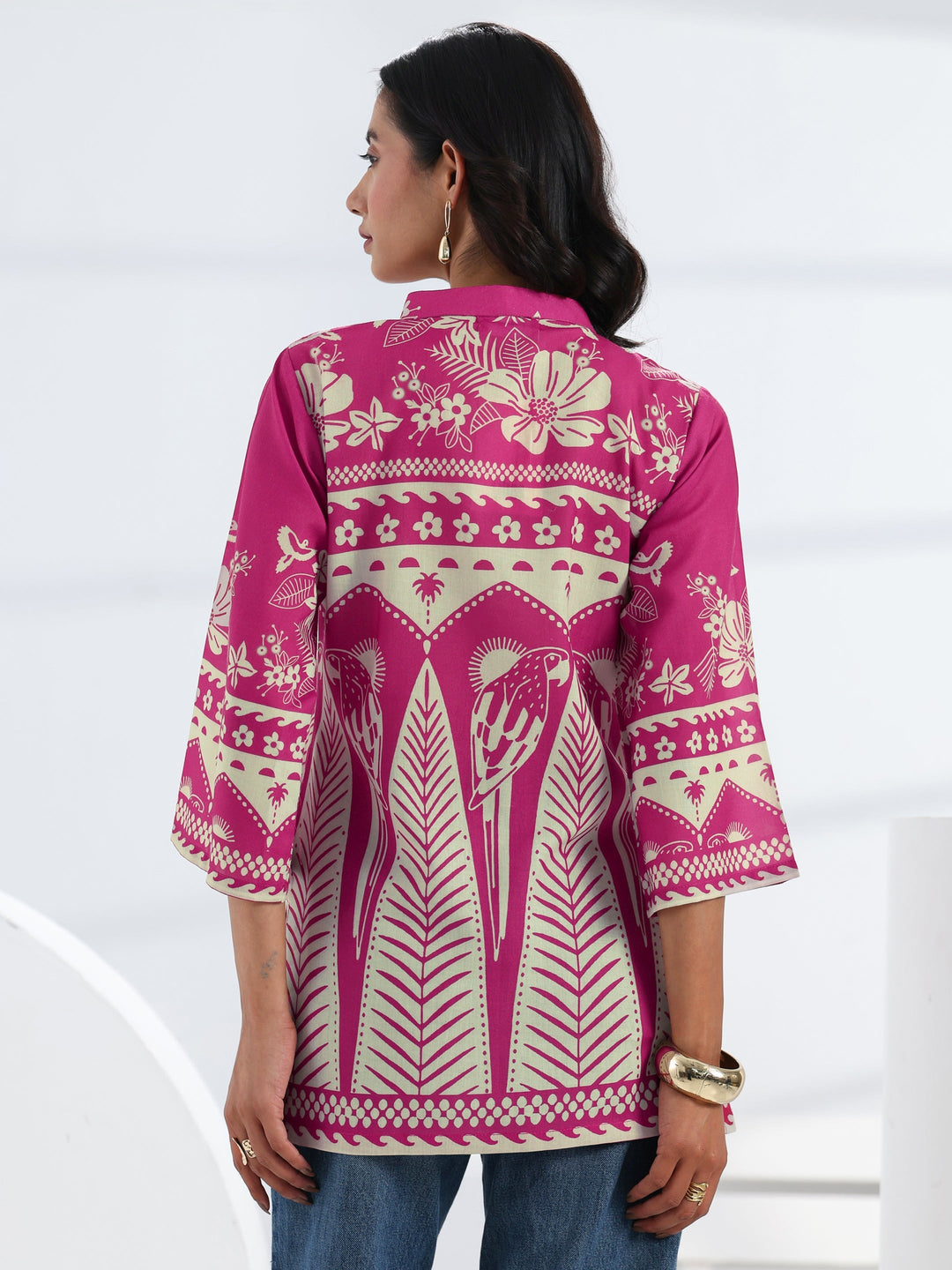 Pink Tropical Printed Cotton Blend Straight Short Kurti