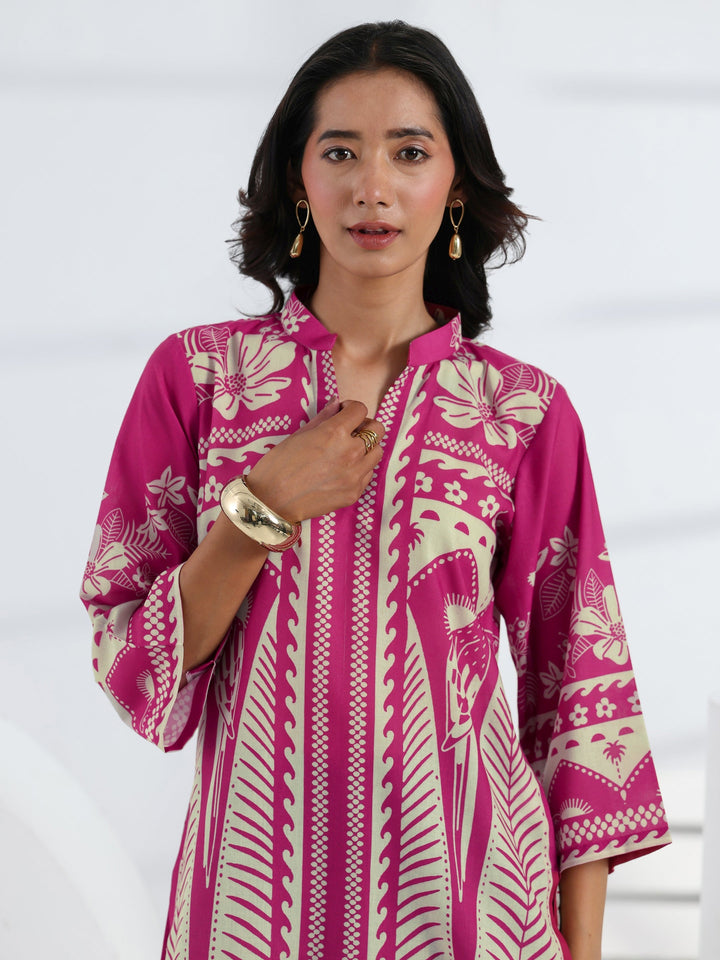 Pink Tropical Printed Cotton Blend Straight Short Kurti
