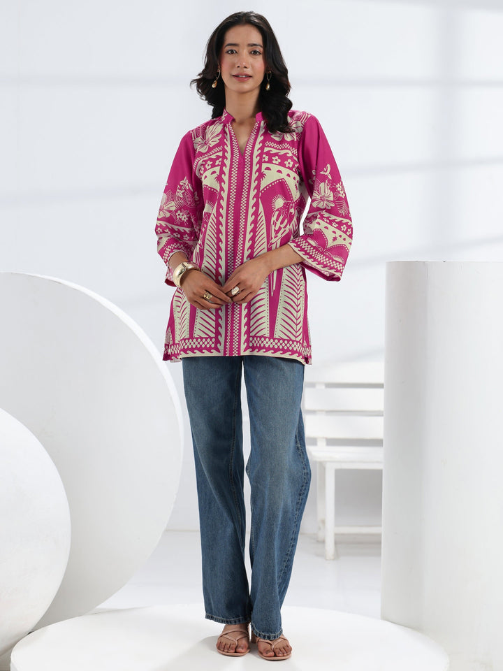 Pink Tropical Printed Cotton Blend Straight Short Kurti