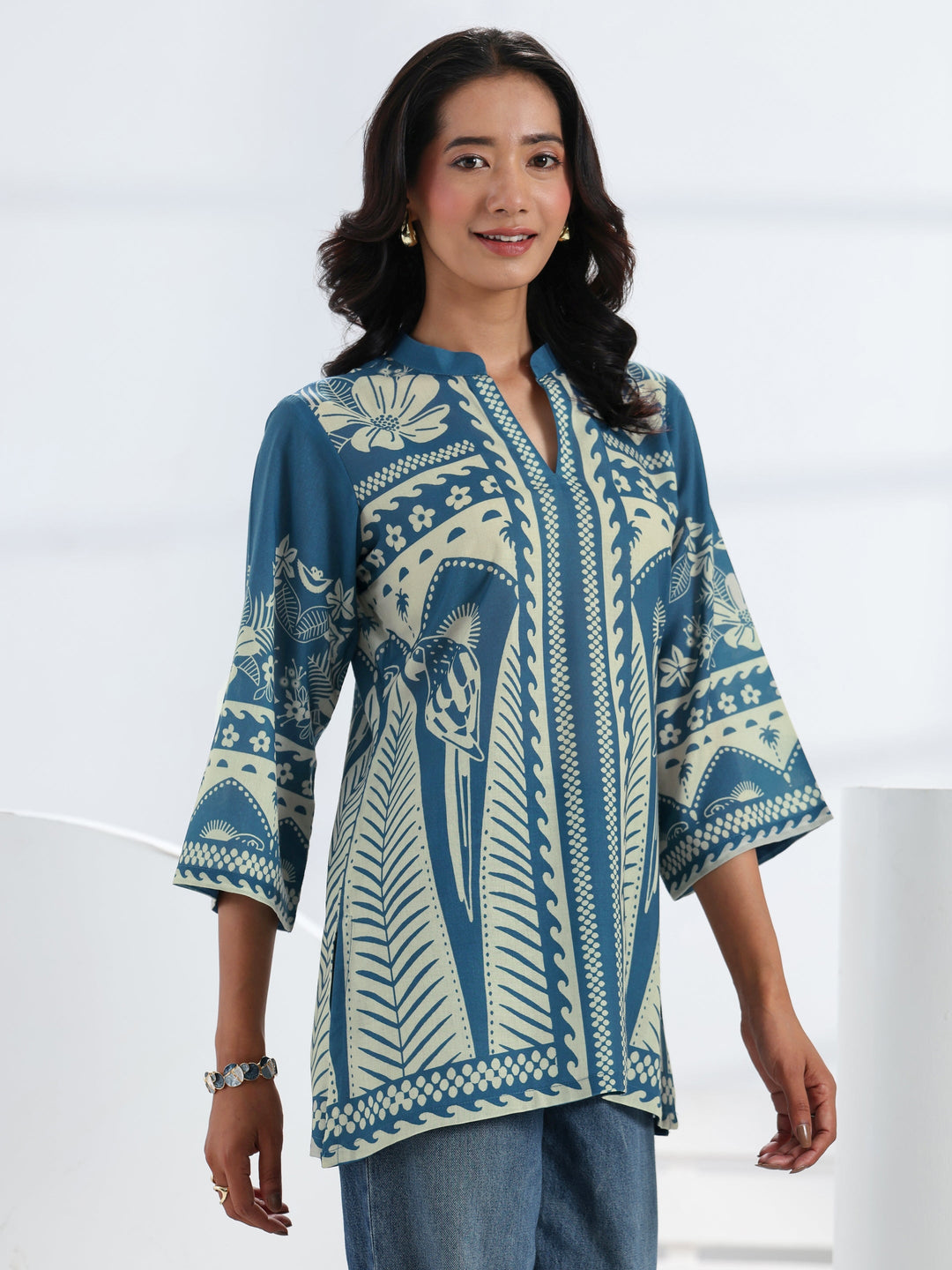 Blue Tropical Printed Cotton Blend Straight Short Kurti
