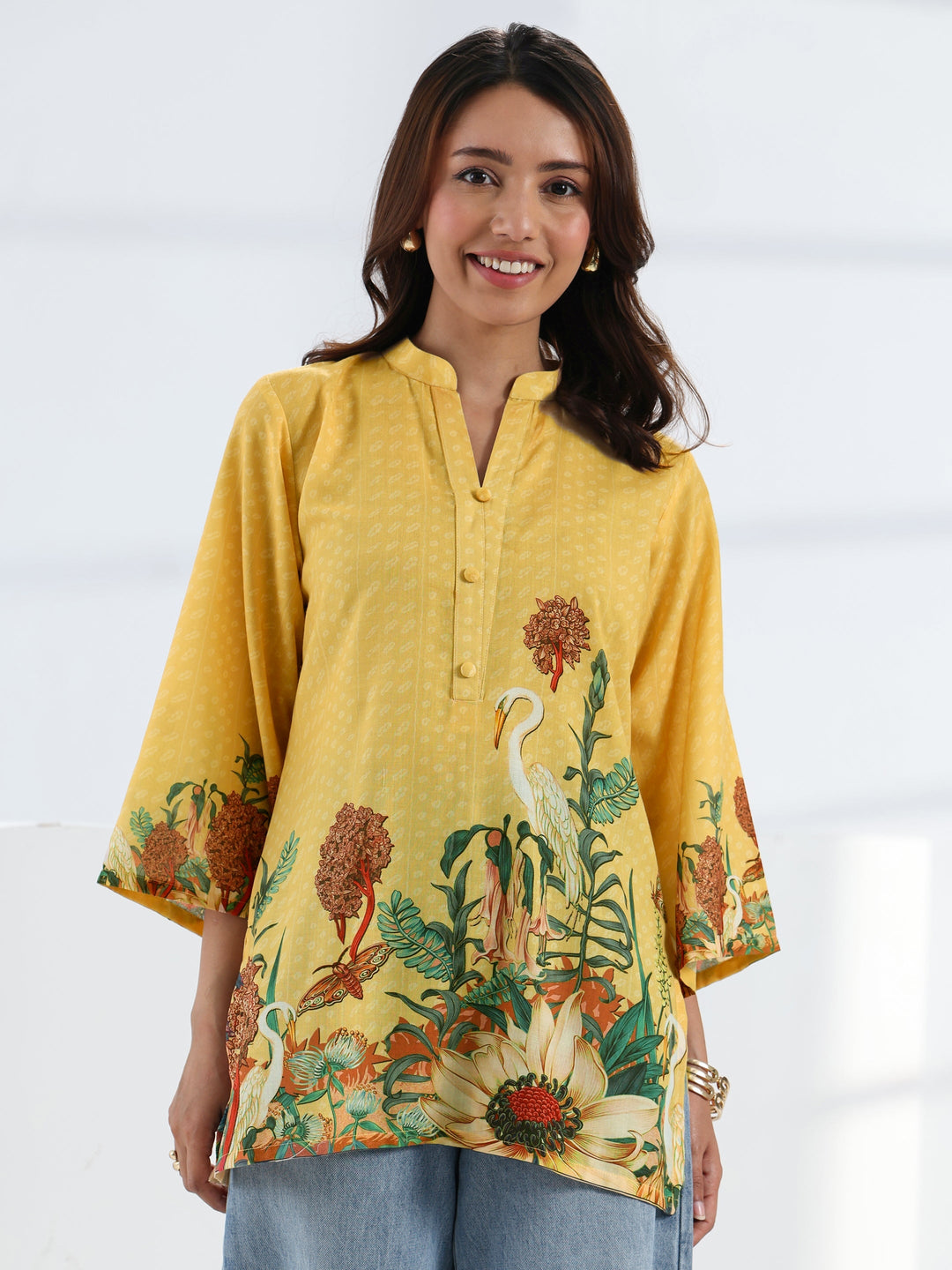Yellow Tropical Printed Cotton Blend Straight Short Kurti