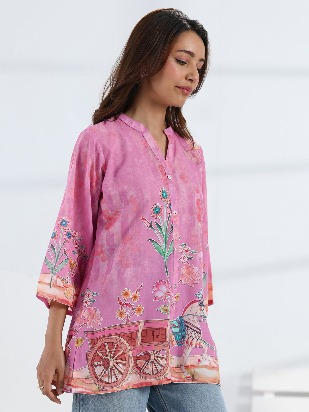 Pink Tropical Printed Cotton Blend Straight Short Kurti