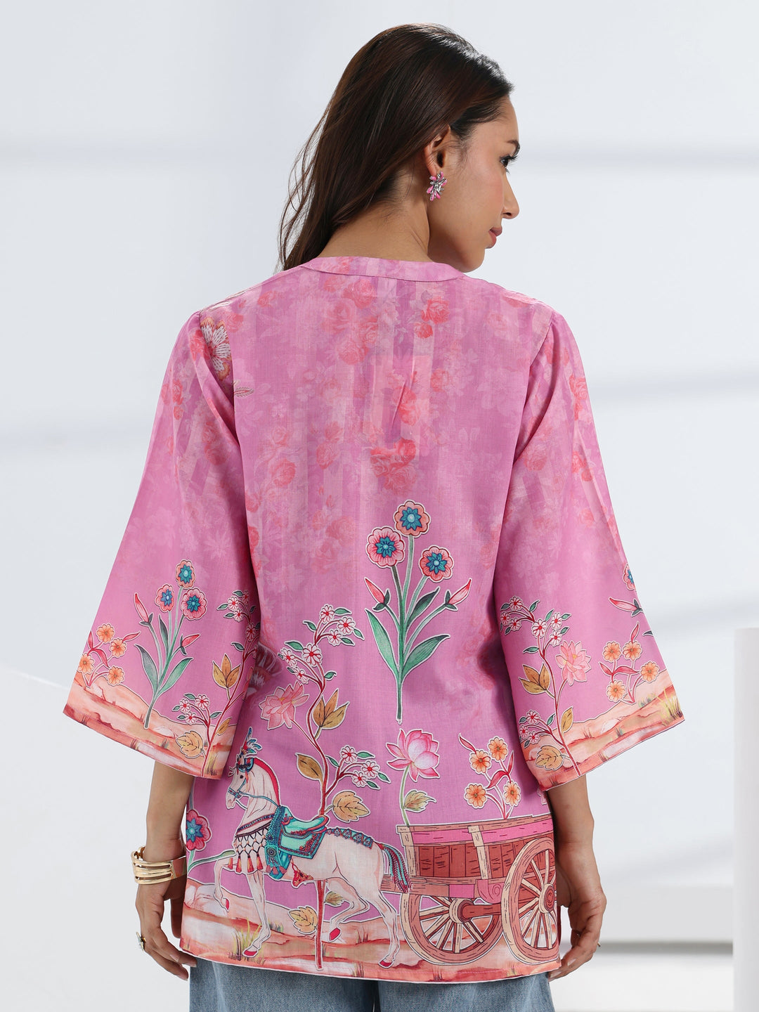 Pink Tropical Printed Cotton Blend Straight Short Kurti