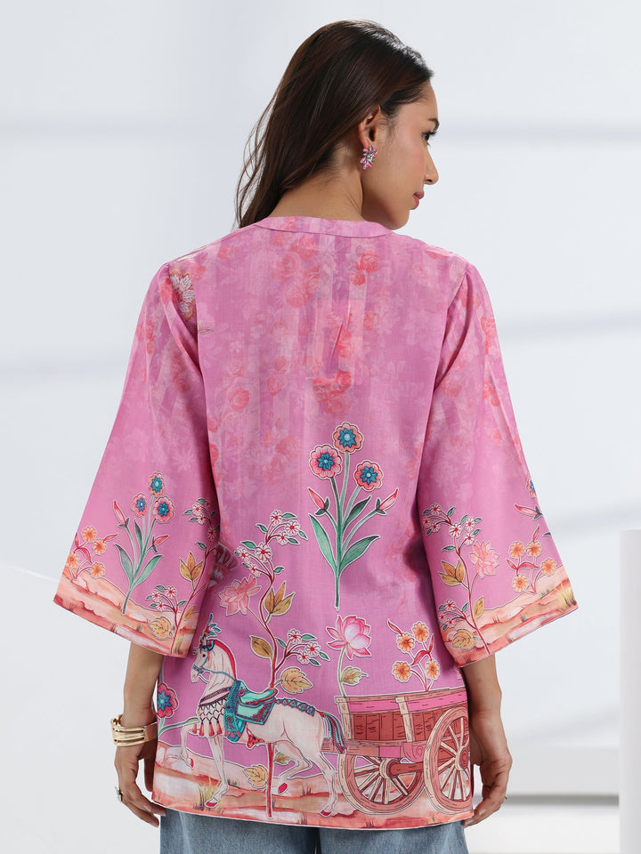 Pink Tropical Printed Cotton Blend Straight Short Kurti
