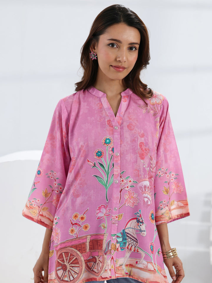 Pink Tropical Printed Cotton Blend Straight Short Kurti