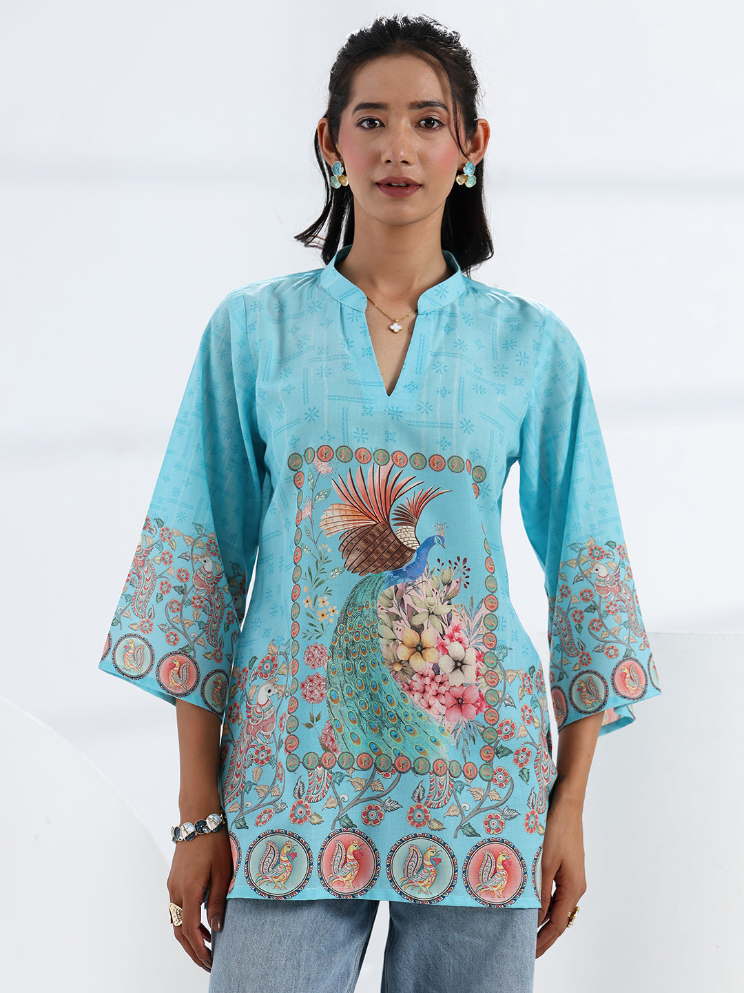 Libas Sky Blue Printed Cotton Blend Straight Short Kurti
