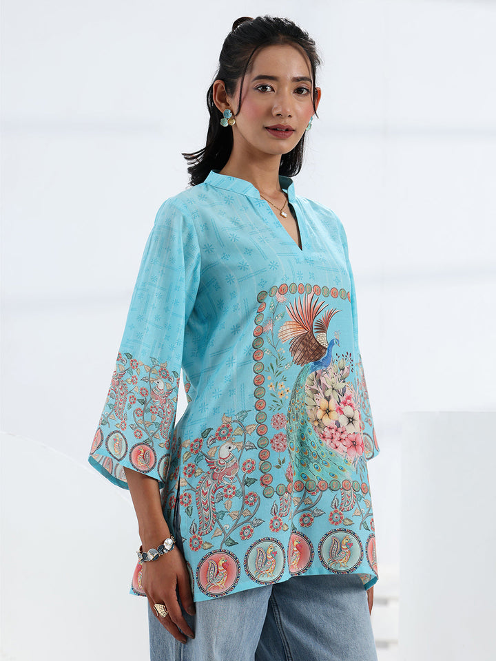 Libas Sky Blue Printed Cotton Blend Straight Short Kurti