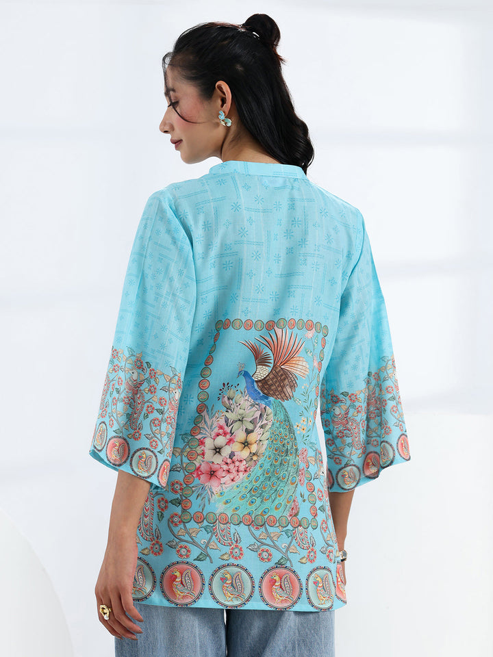 Libas Sky Blue Printed Cotton Blend Straight Short Kurti