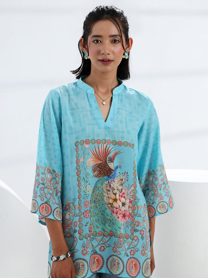 Libas Sky Blue Printed Cotton Blend Straight Short Kurti