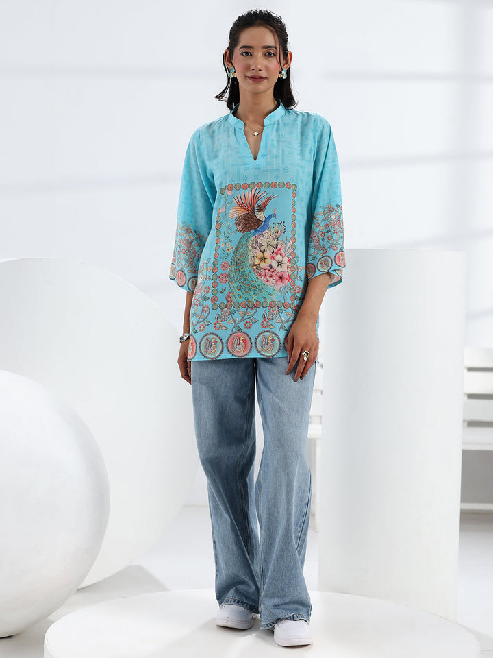 Libas Sky Blue Printed Cotton Blend Straight Short Kurti