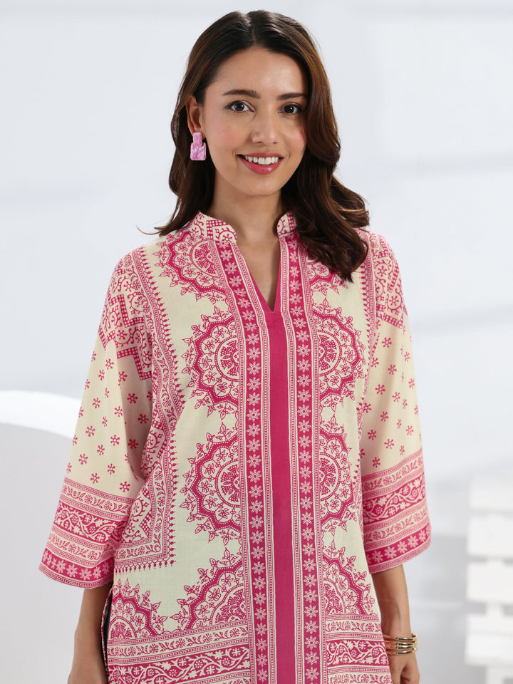 Pink Ethnic Motif Printed Cotton Blend Straight Short Kurti