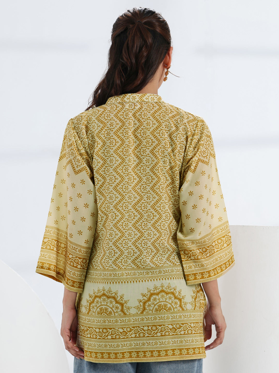 Yellow Ethnic Motif Printed Cotton Blend Straight Short Kurti