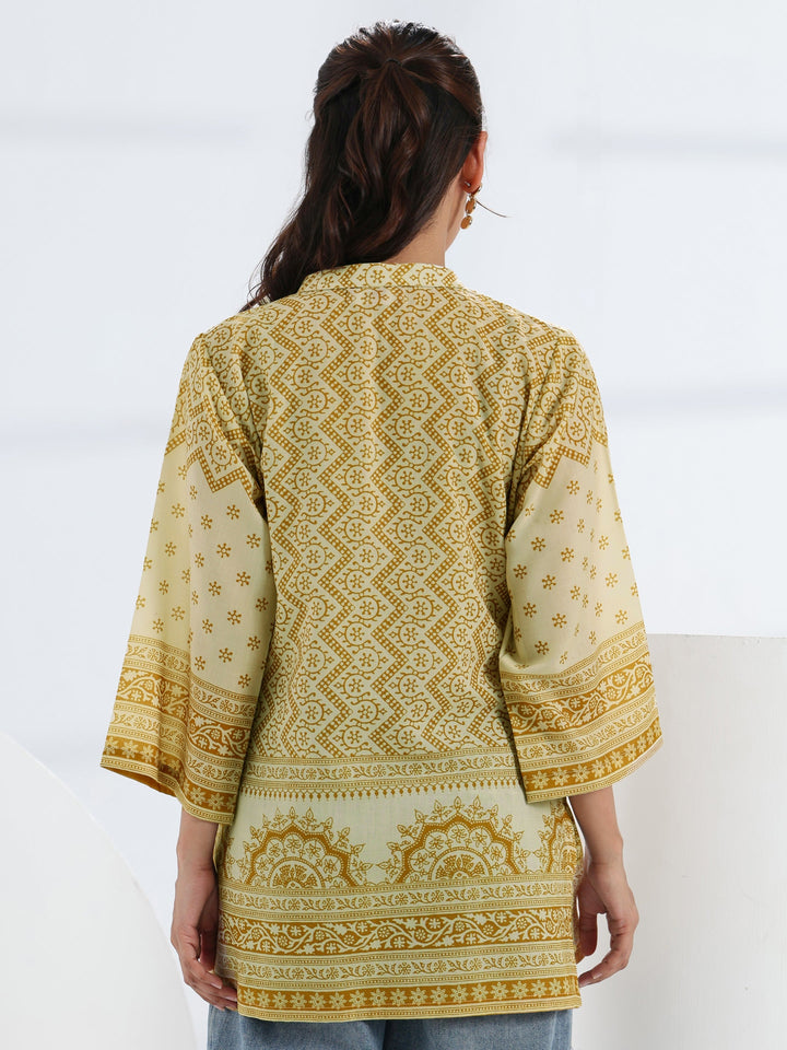 Yellow Ethnic Motif Printed Cotton Blend Straight Short Kurti