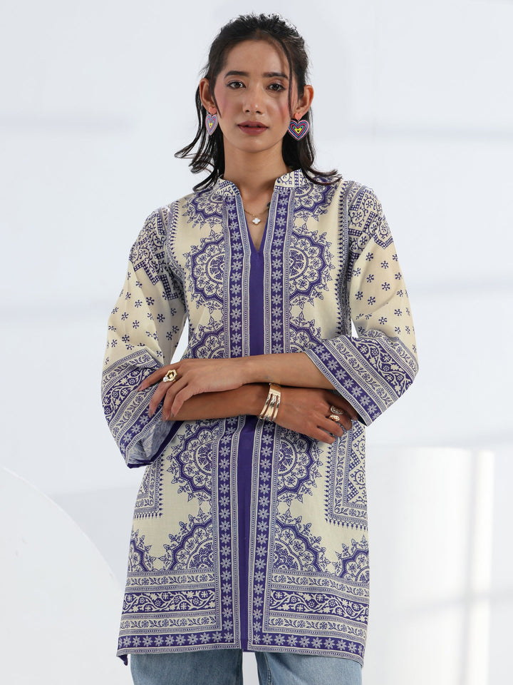 Off White Ethnic Printed Cotton Blend Straight Short Kurti