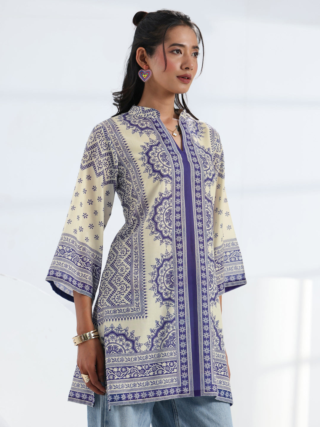 Off White Ethnic Printed Cotton Blend Straight Short Kurti