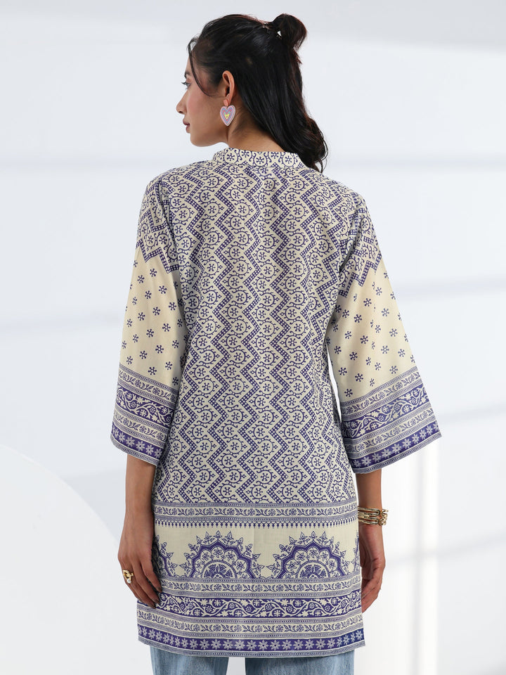 Off White Ethnic Printed Cotton Blend Straight Short Kurti